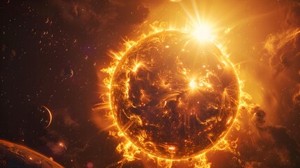 Landscape a giant star surrounded by bright flares
