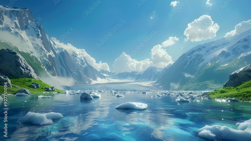 Wall mural summer landscape with blue water surrounded by ice