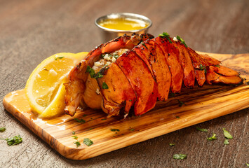 Fresh Grilled Lobster Tail on Olive Wood Serving Board