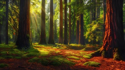 Obraz premium Landscape among redwoods where tall trees create shade