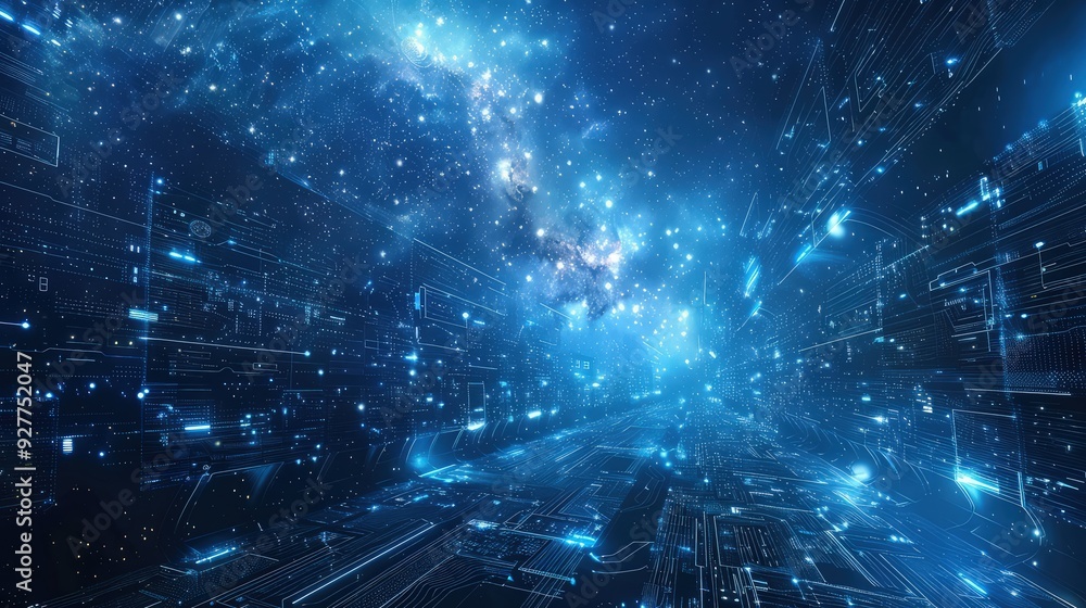 Poster a deep blue starry sky with a luminous nebula, blended seamlessly with sleek, sci-fi technology patt