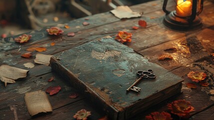 A tattered book of witchcraft with an old key on a wooden table by the light of a burning candle, evoking mysticism and ancient wisdom from a forgotten era.