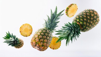 Pineapple floating in the air, isolated on white background