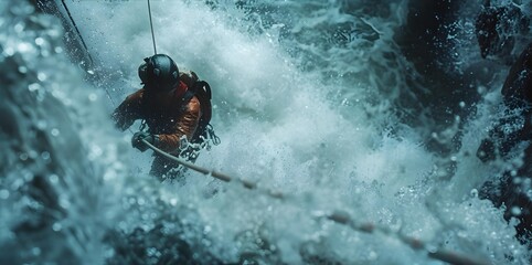 Crossing the smelaya river where climbers use ropes
