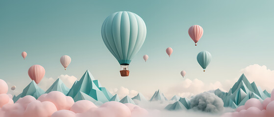 Obraz premium Background with copy space: Numerous hot air balloons above mountains