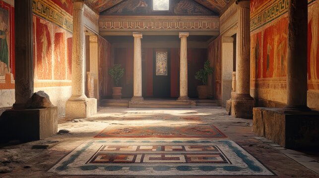 A stunning view of a Roman villa interior showcasing intricate wall paintings and colored mosaics under warm golden light