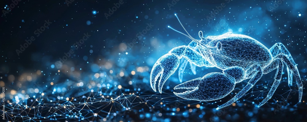 Poster futuristic wireframe crab with digital particles in a dark space background