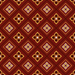 "Elegant Thai pattern seamless design. Ornate diamond grid with golden lotus flowers and intricate details on rich maroon background. Classic Asian pattern for fabric, decor, or digital art projects. 