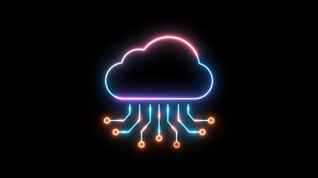 Animated cloud smart information network  glowing line icon with hi-tech digital data connection system, Alpha channel, transparent background. 4K resolution
