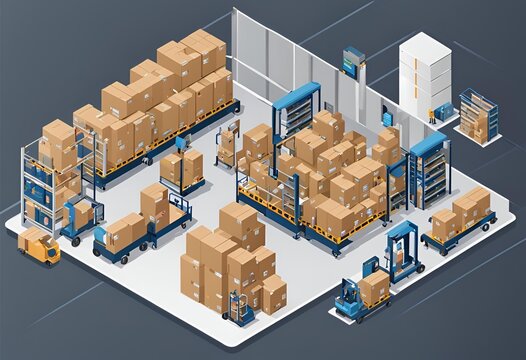 Isometric illustration of a smart warehouse management system, highlighting inventory control and IoT devices, enhances efficiency and modern logistics.