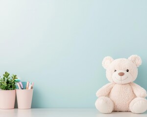 Health screening tools on a pediatrician's desk, child-friendly room with colorful decorations, with copy space,