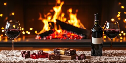 Fototapeta premium Cozy Fireplace Setting with Wine, Chocolate, and Cherries for a Romantic Evening or Relaxing Night In, Perfect for Winter and Holidays