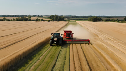 Obraz premium Tractor in a field with a red bucket attached.