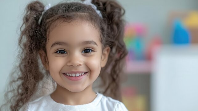 A child smiling while receiving a health check from a pediatrician, engaging clinic environment with toys, offering room for text placement. - Powered by Adobe