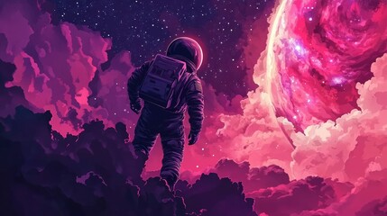 Artistic abstraction with astronaut and galaxy landscape designed for banners and posters, astronomy and the future.