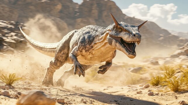 A Carnotaurus dashes across a sandy terrain, stirring up dust as it moves swiftly through the arid landscape
