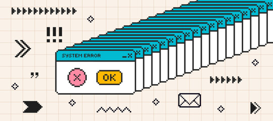 System message screen with arrows and borders in pixel art style. Virus popup. Vector Illustration.