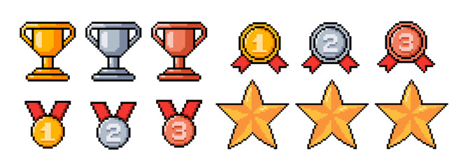 Set of medals, winner cups, badges and stars in pixel art style. Vector illustration.