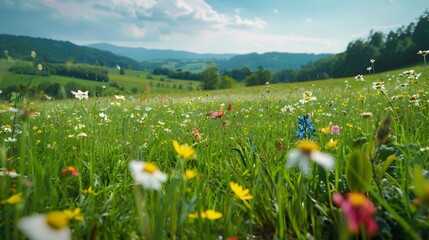 Obraz premium The fields of switzerland with green meadows dotted