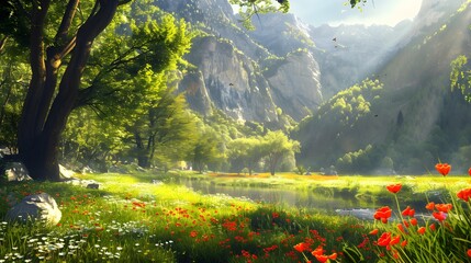 Glade with bright flowers and green grass against