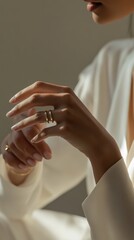 Elegant woman adjusting rings on her hand while wearing a white blouse in soft light