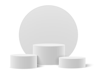 Empty white circle podium, pedestal and platform, stand stage, column platform pillar, round empty stages and podium stairs 3d template for product presentation