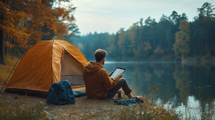 A guy by a lake at a campsite, drinking coffee and checking the news on a tablet.