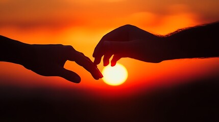 Two Silhouettes of Hands Reaching Towards the Sunset