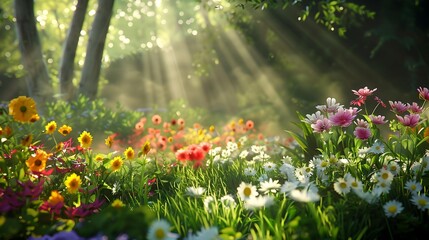 Obraz premium A clearing surrounded by flowers where multi-colored anemones picture