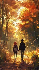 Fototapeta premium Autumn's Enchanted Forest Path: anime-style Wander Through a Seasonal Canopy of Golden Leaves and Whimsical Spirits,Anime-Style,illustration,Picture BooksFor Poster,Novel,UI,WEB,Game,Design,Abstract