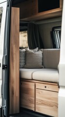 Cozy van interior with wood accents, cushions, and soft seating ideal for road trips