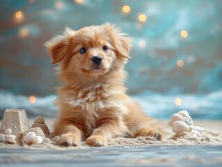Adorable Fluffy Puppy Playing on Sandy Beach in Front of Dreamy Blue and Twinkling Lights Background, Capturing Pure Cuteness