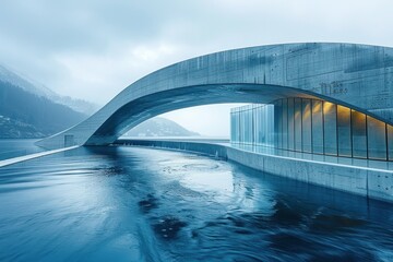 Obraz premium A concrete bridge over water, Norwegian fjord and mountains