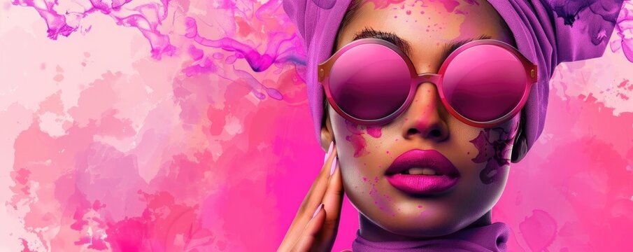 A stylish woman with a headscarf and oversized sunglasses, framed by vibrant pink hues, showcasing modern fashion and beauty.