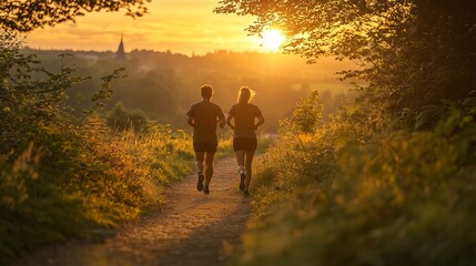 Couple Running Towards Sunset.