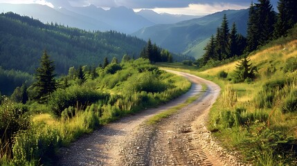 Fototapeta premium A country road leading through green hills