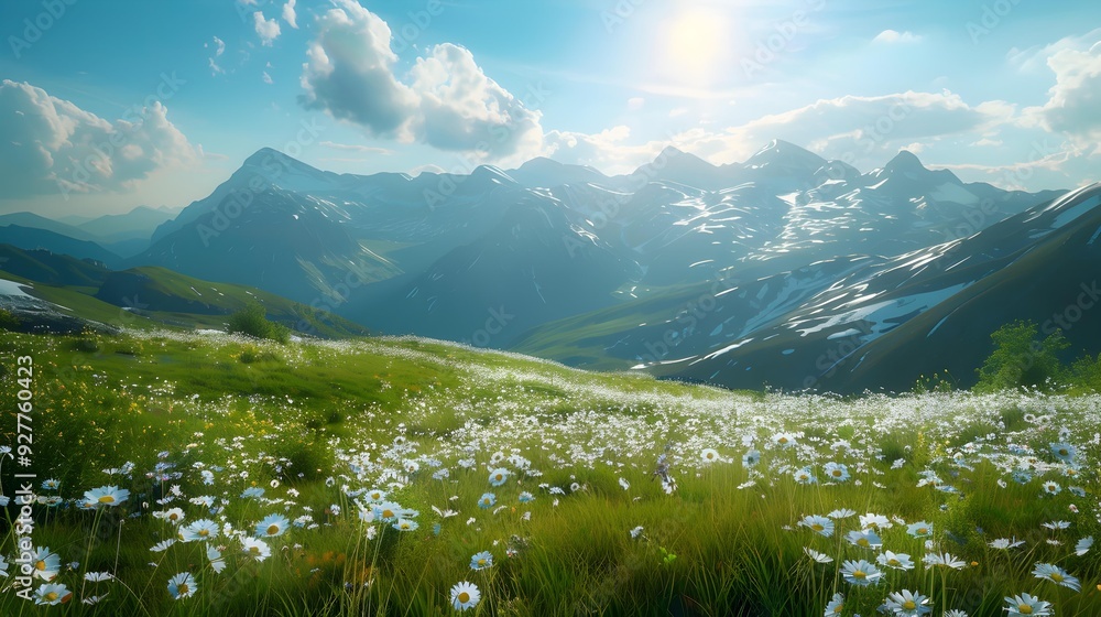 Sticker Field with flowering meadows and green hills