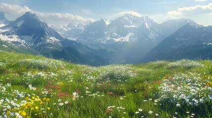 Naklejka premium Field with flowering meadows and green hills