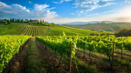 The expanses of green tuscan vineyards illuminated