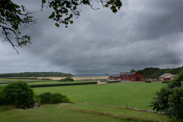 Obraz premium Green field with some buildings