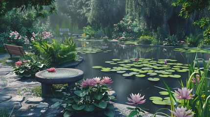 Calm pond surrounded by flowering aquatic plants image