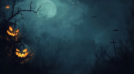 Halloween background featuring spooky Jackolantern pumpkins at night