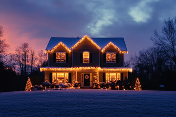 Beautiful suburban home decorated for the holiday season with christmas lights illuminated at sunset