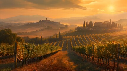 Naklejka premium A magical dawn over the vineyards of tuscany img