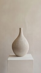 Simple ceramic vase on a pedestal against a neutral background in soft lighting