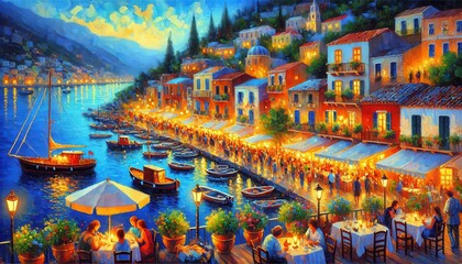 Vibrant night on a Mediterranean island, with lively coastal town illuminated by lanterns and streetlights