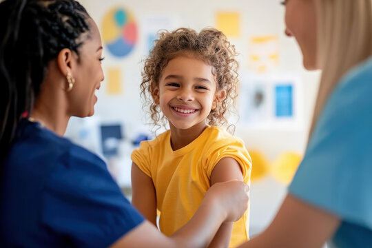 Cheerful young girl is smiling while receiving a vaccine from nurses in a medical clinic