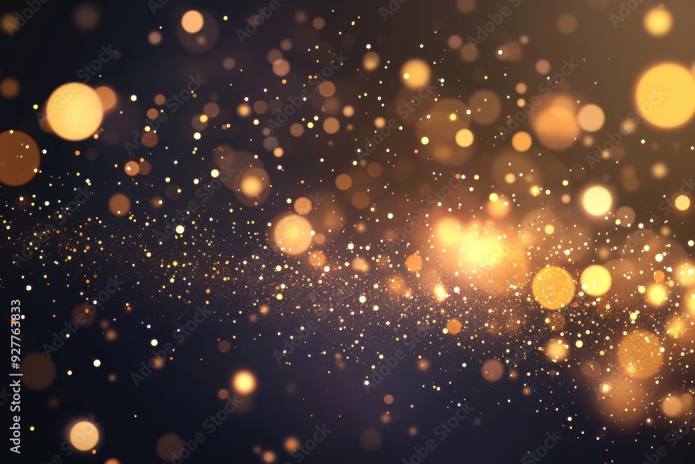 Poster radiant golden glimmers and blurred highlights with reflections. festive twinkling bokeh and shimmer