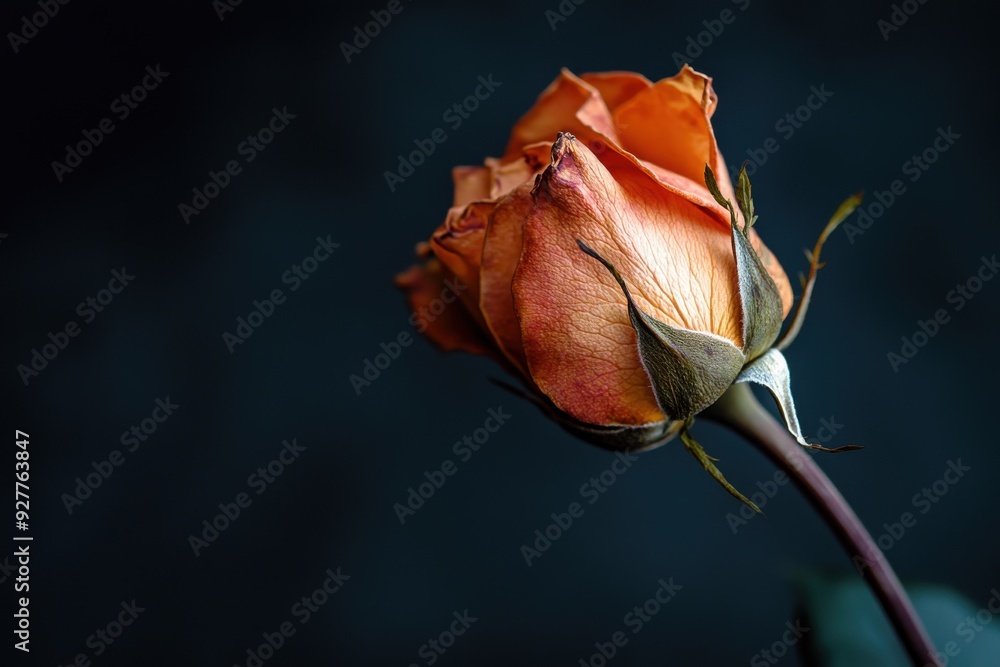 Poster dried orange roses displayed on dark background with negative space, unique and beautiful with soft 