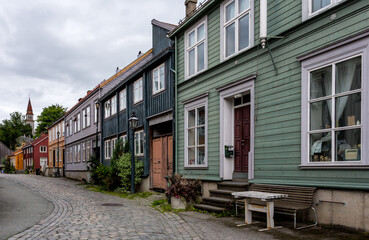 Old colorful wooden houses in Trondheim, Norway.